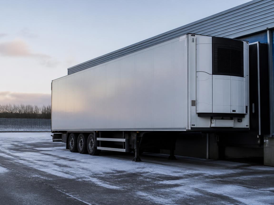 A refrigerated delivery trailer at an icy loading bay on a frosty morning