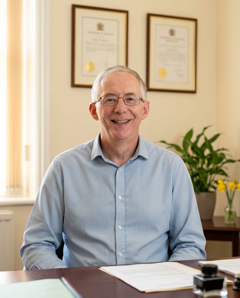 Mark Johnson, founder of Faircloughs Solicitors, at his desk